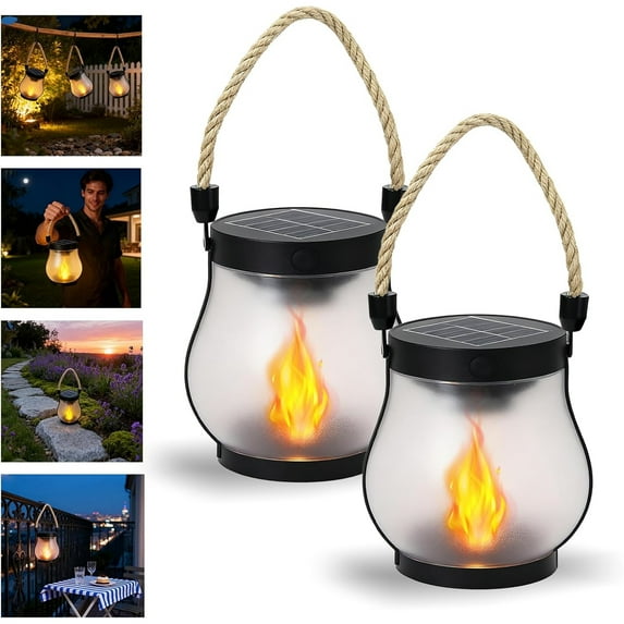 2026 New Upgrade Solar Lantern Outdoor Lights,Hemp Rope Flame Lamp, for Camping Pathway Yard Patio Porch Garden Decor
