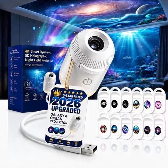 2026 New Upgraded 4K Smart Dynamic 5D Holographic Night Light Projector, 2-in-1 Galaxy & Ocean Star Ceiling Projector with 12 HD Films, 360° Flexible USB Powered Lamp for Bedroom Decor & Car GIft