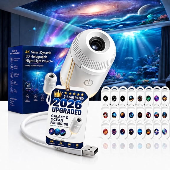 2026 New Upgraded 4K Smart Dynamic 5D Holographic Night Light Projector, 2-in-1 Galaxy & Ocean Star Ceiling Projector with 24 HD Films, 360° Flexible USB Powered Lamp for Bedroom Decor & Car GIft