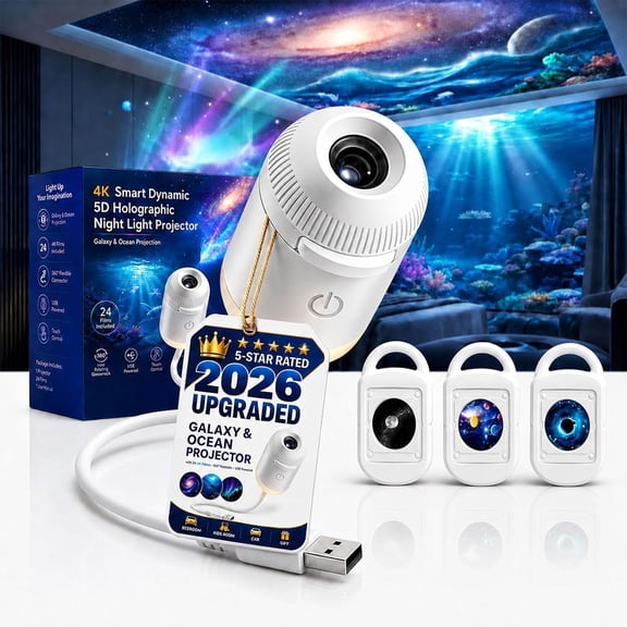 2026 New Upgraded 4K Smart Dynamic 5D Holographic Night Light Projector, 2-in-1 Galaxy & Ocean Star Ceiling Projector with 3 HD Films, 360° Flexible USB Powered Lamp for Bedroom Decor & Car GIft