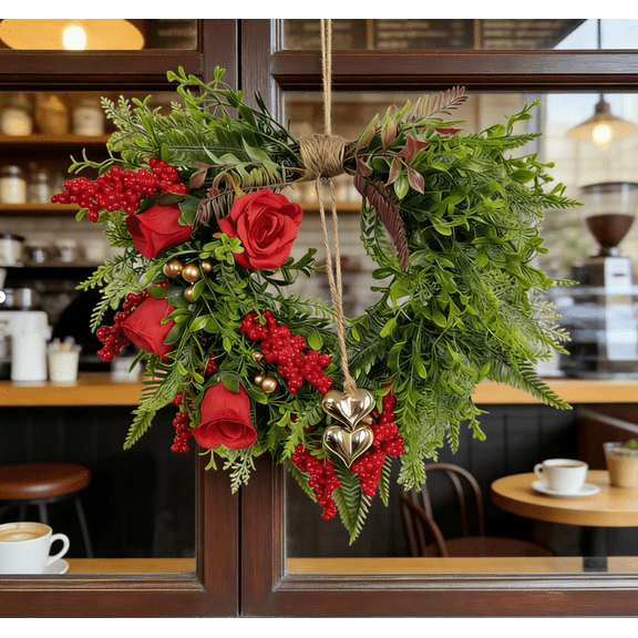 2026 New Valentine’s Day Heart Wreath with Gold Bells, Red Berries & Roses, Country Rustic Front Door Decoration