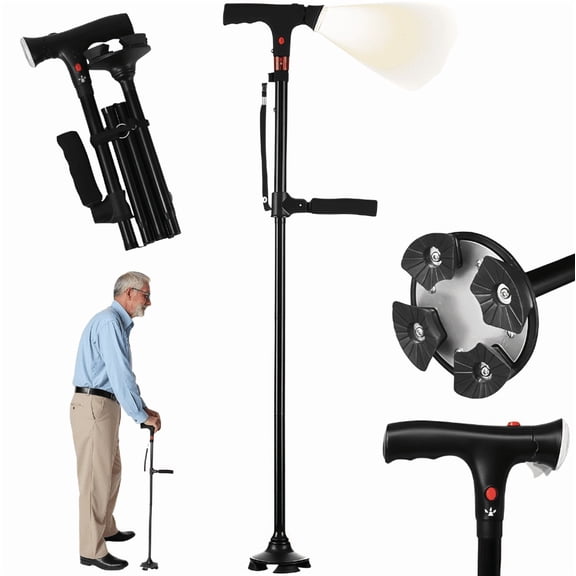 2026 New Walking Cane with LED Light & Alarm, Adjustable Smart Walking Cane with Side Handle Quad Base, Foldable Walking Stick, Mobility Aid Provides Balance for Arthritis Disabled & Elderly