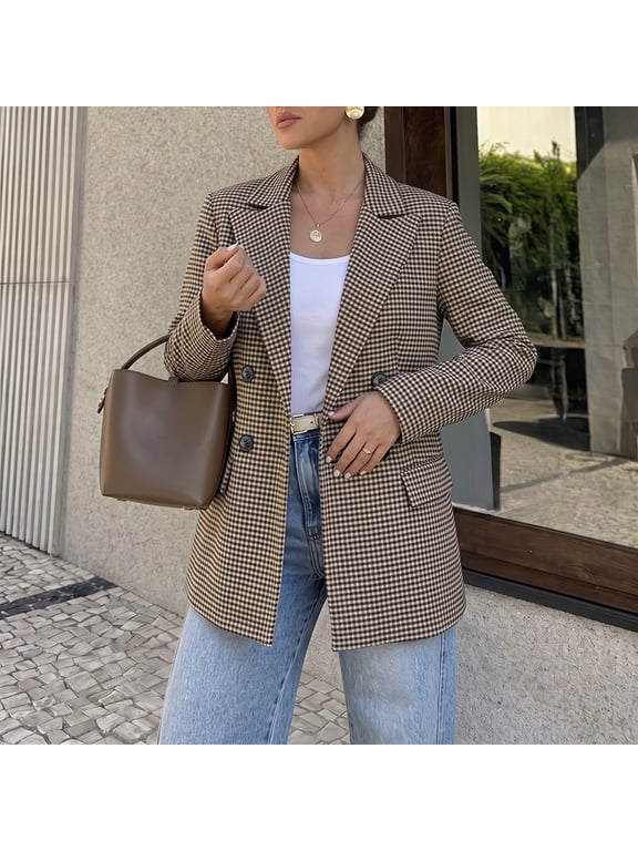 2026 New Women Houndstooth Double Breasted Blazer, Lapel Collar Long Sleeve Loose Fit Plaid Suit Jacket with Pockets for Office Casual Daily Wear