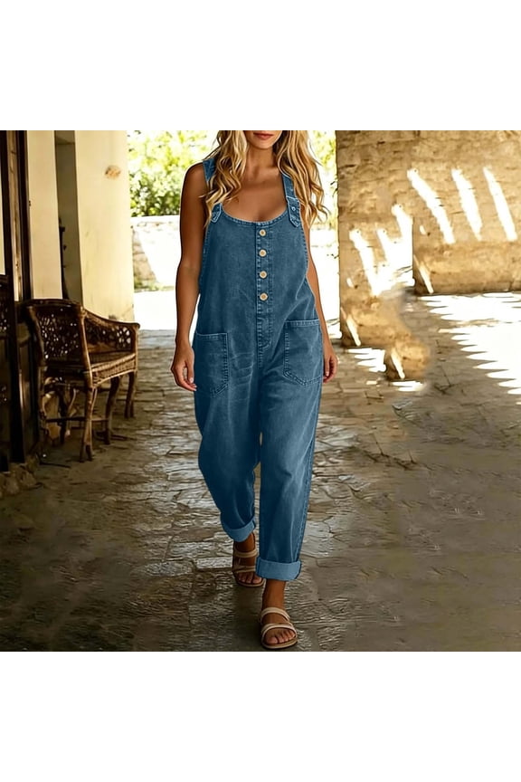 2026 New Women Loose Fit Jeans Jumpsuit Off Shoulder Long Sleeve Button Down Wide Leg Jeans Jumpsuit Long Denim Romper (BU1,XL)