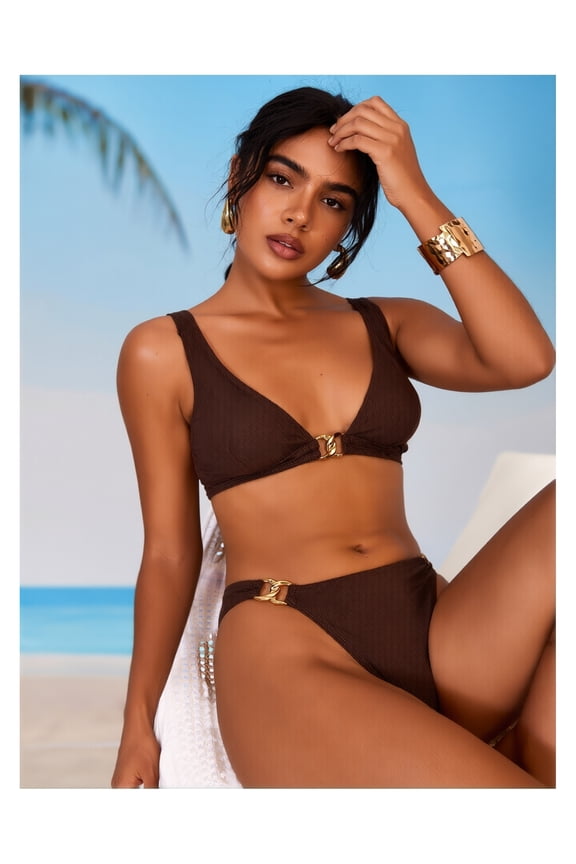 2026 New Women's 2-Piece Brown Bikini Set, Polyester/Spandex Fabric with Gold Accent Hardware, Slimming Tummy Control Bathing Suit for Beach Pool Vacation