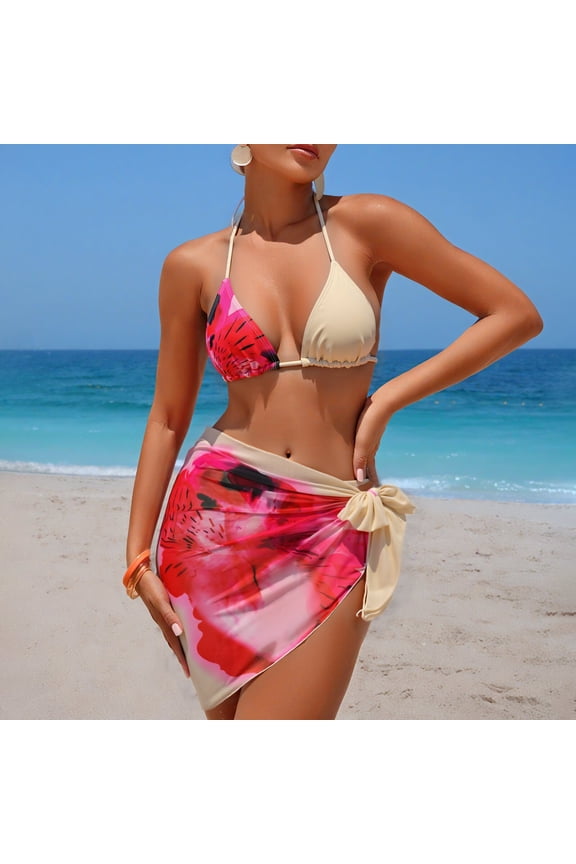 2026 New Women's 3 Piece Swimsuit Fishnet Halter Triangle String Bikini Set Bathing Suit with Cover Up Beach Skirt, Womens Split Three-Piece Bikini Swimsuit Sport Swimsuit (Beige, Medium)