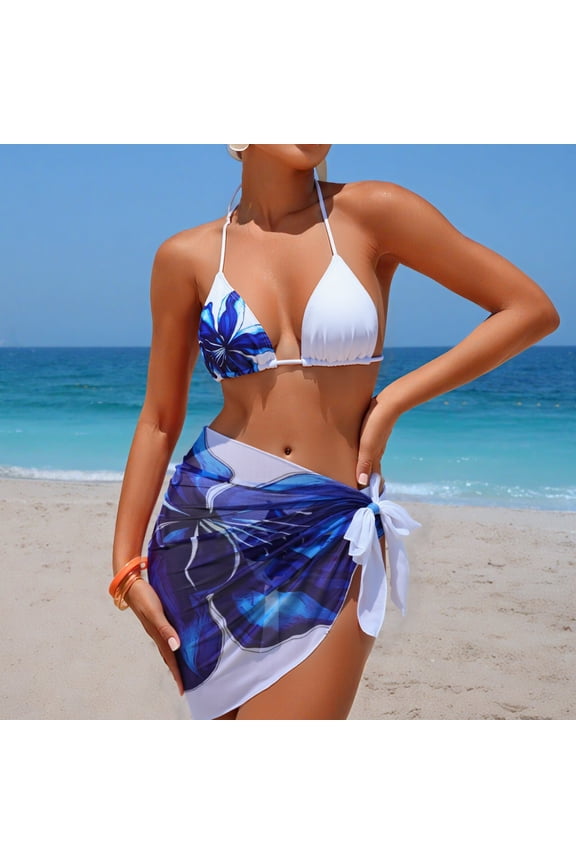 2026 New Women's 3 Piece Swimsuit Fishnet Halter Triangle String Bikini Set Bathing Suit with Cover Up Beach Skirt, Womens Split Three-Piece Bikini Swimsuit Sport Swimsuit (Dark Blue, X-Large)