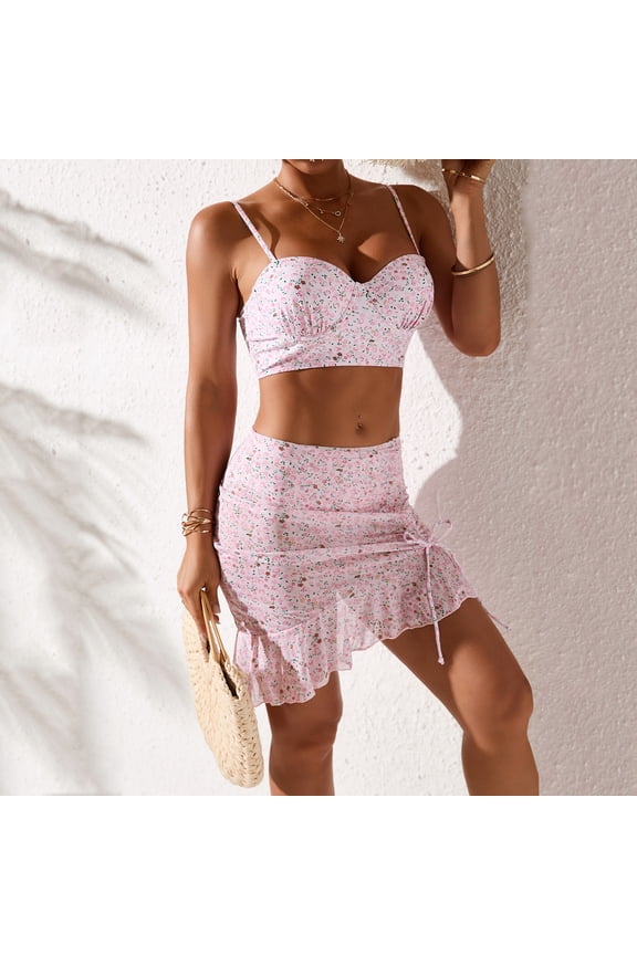 2026 New Women's 3 Piece Swimsuit Fishnet Halter Triangle String Bikini Set Bathing Suit with Cover Up Beach Skirt, Womens Split Three-piece Sling Skirt Bikini Swimsuit (Pink, Medium)