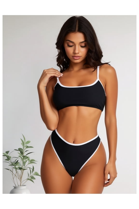 2026 New Women's Black White Contrast Trim Bikini Set Square Neck High-Waisted Swimwear
