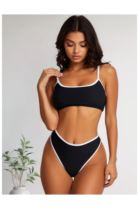 2026 New Women's Black White Contrast Trim Bikini Set Square Neck High-Waisted Swimwear