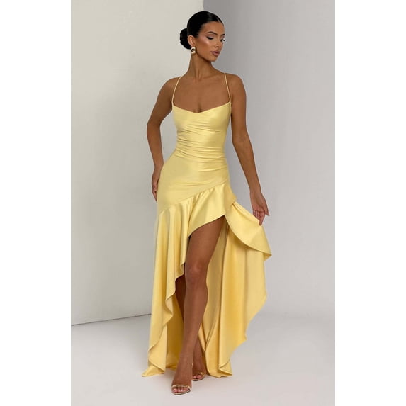 2026 New Women's Burgundy Satin Spaghetti Strap Maxi Dress Ruched High ...