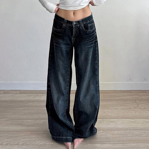 2026 New Women's Dark Wash Low-Rise Wide Leg Baggy Jeans, Vintage Denim Pants