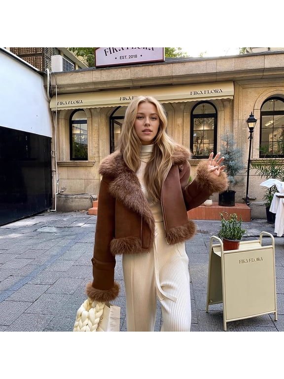 2026 New Women's Faux Suede Shearling Cropped Jacket, Zip Up Lapel Fuzzy Fur Trim Moto Coat for Fall Winter