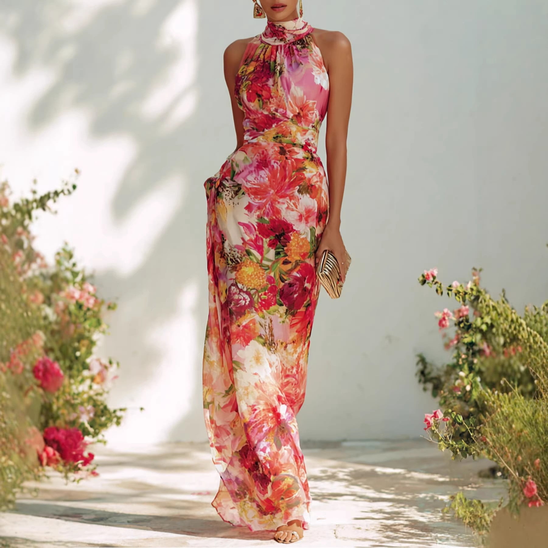 halter floral print chiffon maxi dress Women's Halter Neck Floral Print Chiffon Maxi Dress Sleeveless Boho Beach  Summer