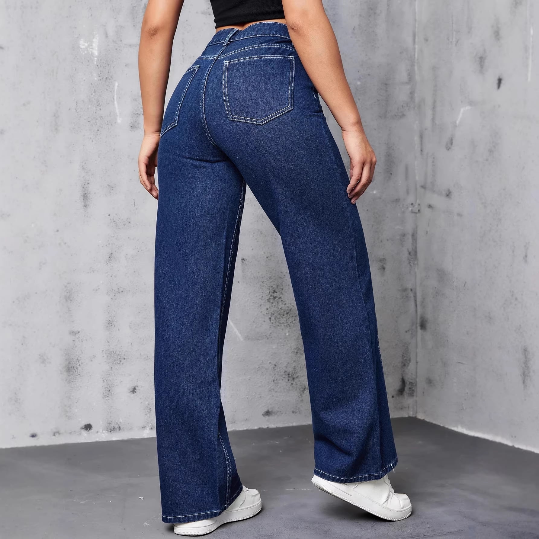 2026 New Women's High Waist Dark Blue Wide Leg Jeans, Contrast Stitch ...