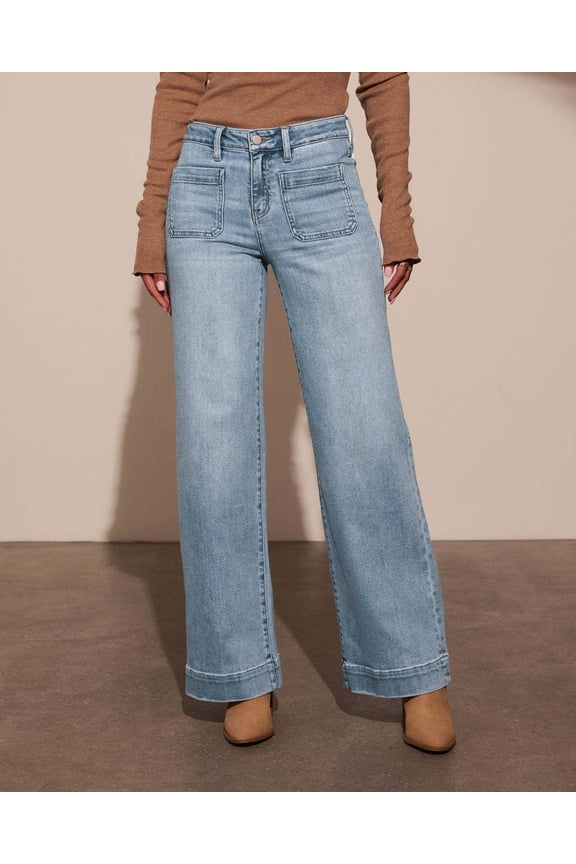 2026 New Women's High Waist Double Front Patch Pocket Cuffed Hem Wide Leg Blue Denim Jeans