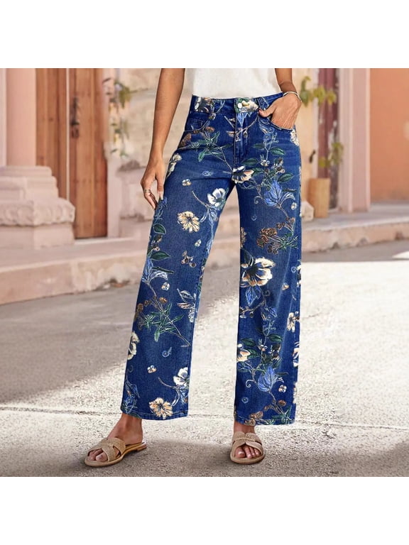 2026 New Women's High Waist Floral Print Wide Leg Jeans, Vintage Botanical Flower Print Denim Straight Wide Leg Pants