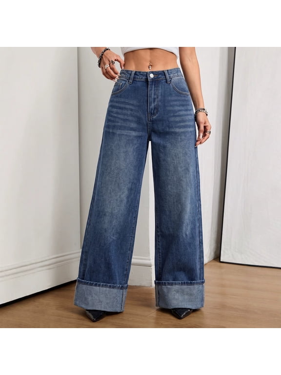 2026 New Women's High Waist Wide Leg Jeans, Medium Wash Distressed Folded Cuff Hem Denim Palazzo Pants with Whisker Fading