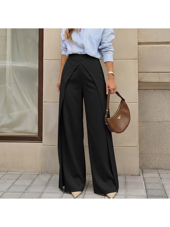2026 New Women's High Waist Wrap Front Wide Leg Pants Layered Split Flowy Dress Trousers
