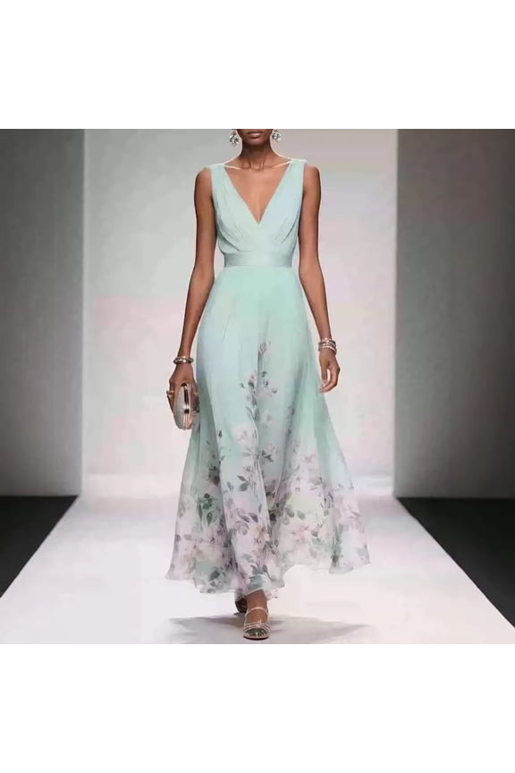 2026 New Women's Light Blue Floral Print Deep V Neck Sleeveless Chiffon Maxi Dress Elegant Wedding Guest Formal Dress