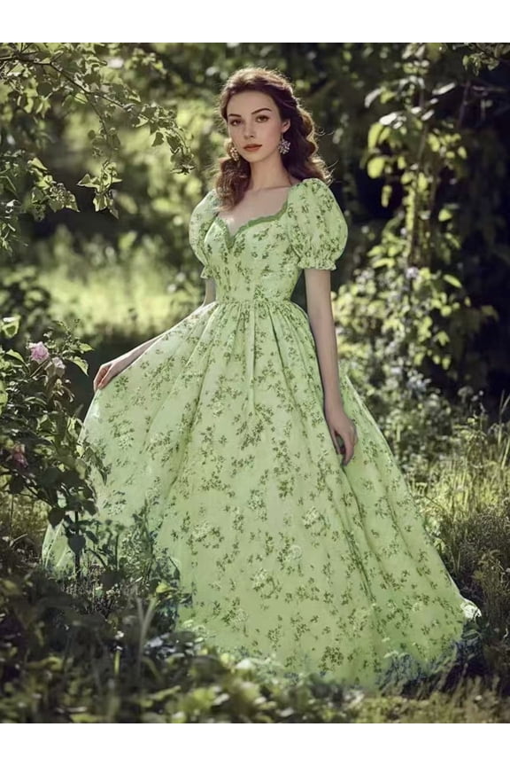 2026 New Women's Light Blue Floral Puff Sleeve Ball Gown Vintage Princess Maxi Dress Cottagecore Formal Dress