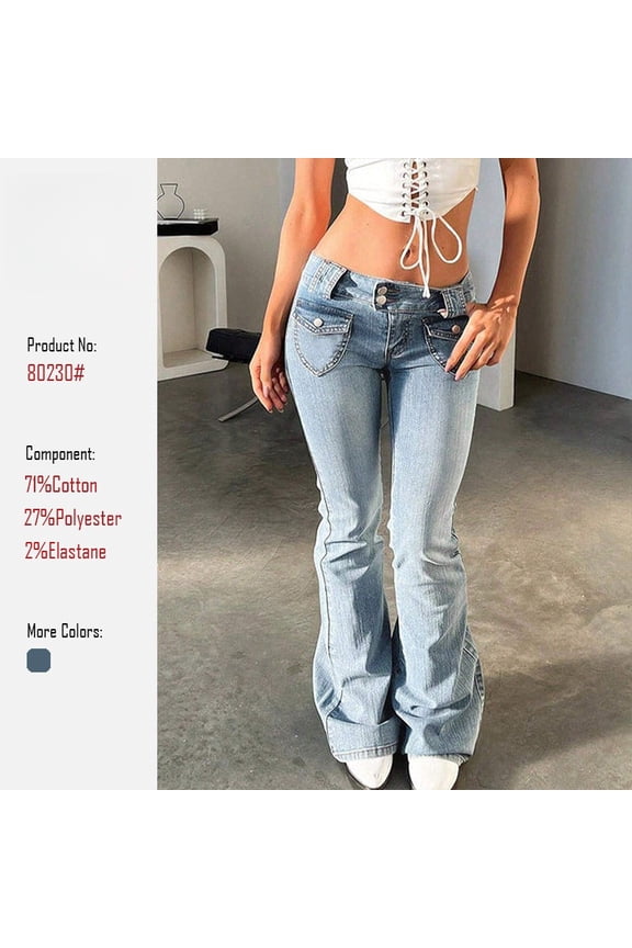 2026 New Women's Low Rise Double Button Flap Pocket Light Wash Flare Bell Bottom Denim Jeans