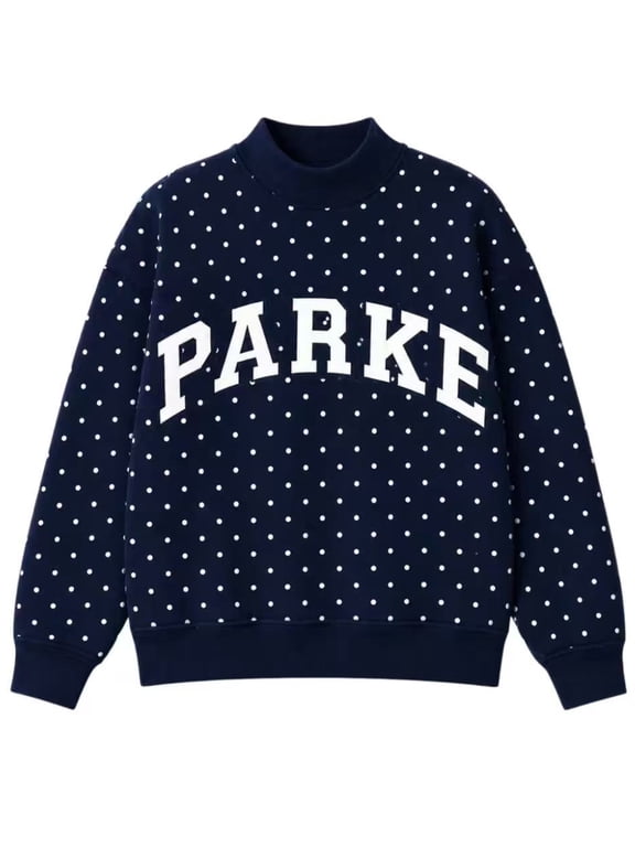 2026 New Women's Mock Neck PARKE Letter Embroidery Oversized Sweatshirt, Polka Dot Letter Patch Long Sleeve Pullover Top for Casual Daily Wear