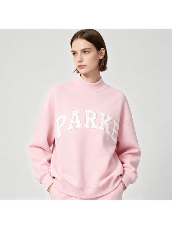 2026 New Women's Mock Neck PARKE Letter Embroidery Oversized Sweatshirt, Polka Dot Letter Patch Long Sleeve Pullover Top for Casual Daily Wear