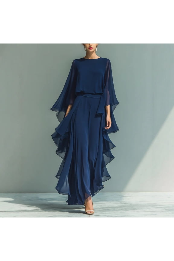 2026 New Women's Navy Flowy Wide Sleeve 2 Piece Outfits Round Neck High Waist Ruffle Wide Leg Pants Formal Evening Party Set