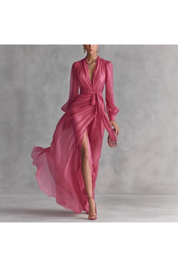 2026 New Women's Pink Sheer Long Sleeve Maxi Dress Deep V Neck Wrap Tie Waist High Slit Formal Evening Party Gown