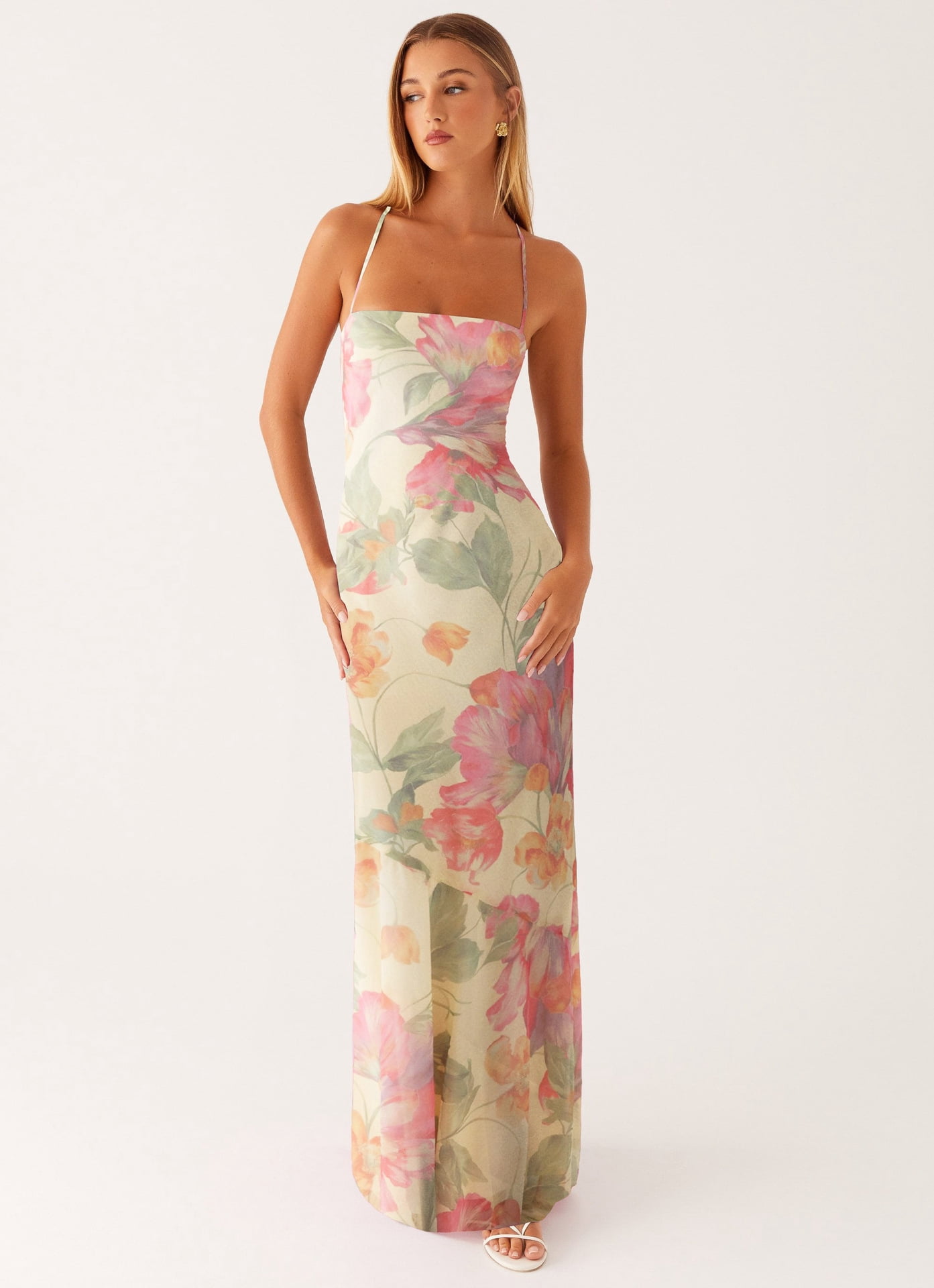 pink vacation dress Tropical Floral Cut-Out Maxi for Women and made for warm Half Past Sunset Rose Pink