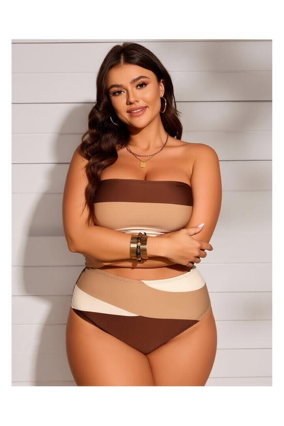 2026 New Women's Plus Size Color-Block Bandeau Bikini 2-Piece Set, Tummy Control Slimming Bathing Suit, Soft Stretchy Swimwear for Beach Pool Vacation, XL-4XL