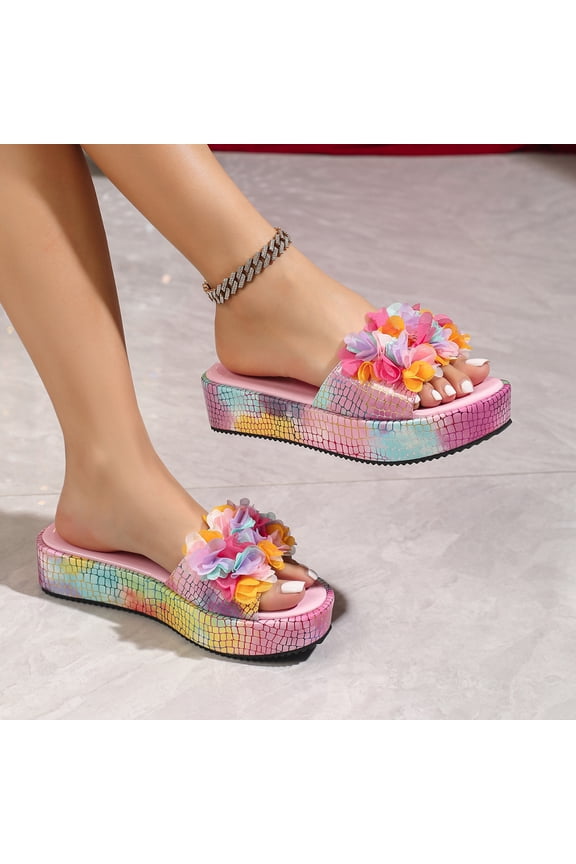 2026 New Women's Rainbow Flower Platform Slide Sandals, Colorful Croc Print Wedge Slippers