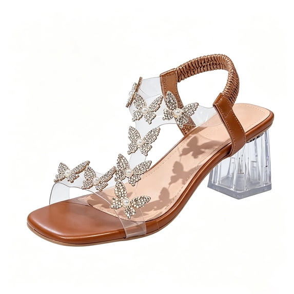2026 New Women's Rhinestone Low Block Heel Butterfly Sandals Dressy, Heeled Sandals Women Comfortable Square Toe Heels Evening Party Dress Shoes for Wedding Guest(Brown,8)