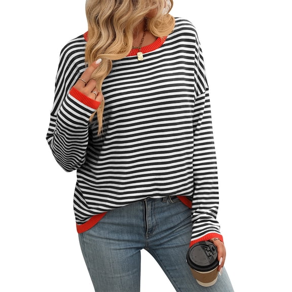 2026 New Women's Round Neck Striped Color Block Long Sleeve Casual Sweater