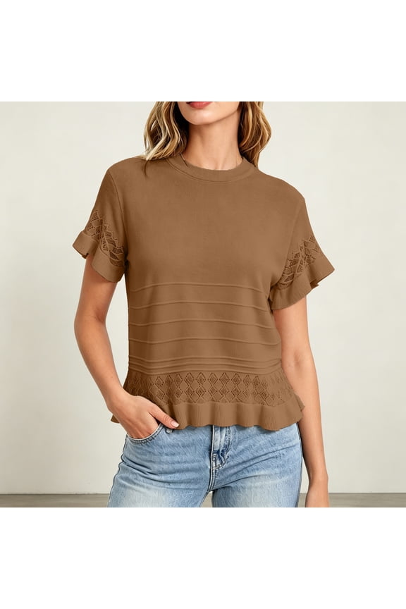 2026 New Women’s Short Sleeve Sweaters Tops Oversized Summer Casual Ruffled Hem Knit Pullover Cute Solid Color Crochet Blouses(Brown,L)
