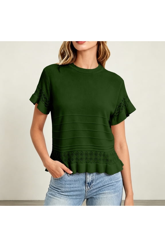 2026 New Women’s Short Sleeve Sweaters Tops Oversized Summer Casual Ruffled Hem Knit Pullover Cute Solid Color Crochet Blouses(Green,M)