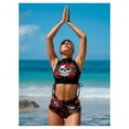 thumbnail image 1 of 2026 New Women's Skull Red Rose Print Two Piece Bikini Set - High Neck Crop Top, Cutout High Waisted Bottom - Edgy Gothic Swimwear for Beach Pool, 1 of 4