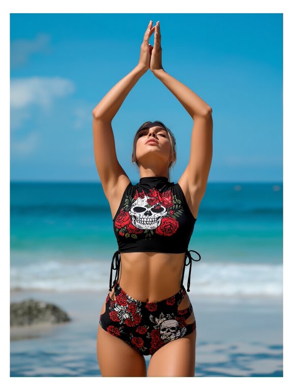 2026 New Women's Skull Red Rose Print Two Piece Bikini Set - High Neck Crop Top, Cutout High Waisted Bottom - Edgy Gothic Swimwear for Beach Pool