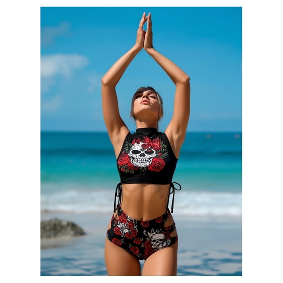 2026 New Women's Skull Red Rose Print Two Piece Bikini Set - High Neck Crop Top, Cutout High Waisted Bottom - Edgy Gothic Swimwear for Beach Pool