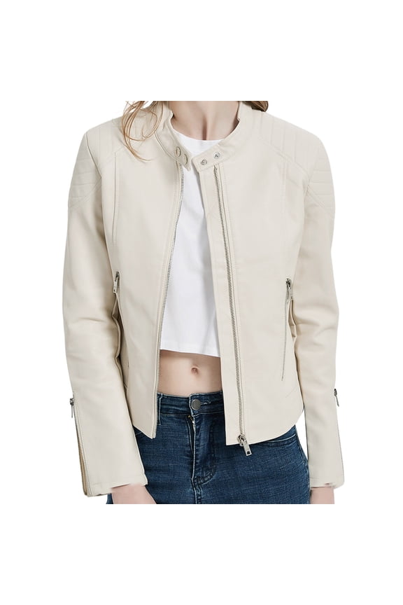 2026 New!Women's Slim Fit Short Vertical Collar Zipper Motorcycle Leather Jacket