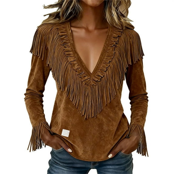 2026 New!Women's Suede Fringe Western Shirt, Long Sleeve Button Down Retro Blouse 2026
