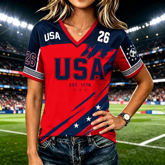 2026 New Women's USA Soccer Jersey T-Shirt, United States Jersey Soccer 2026 Country Team V Neck Short Sleeve Fan International Football Shirt Retro Streetwear Top for Adult(Red, S)