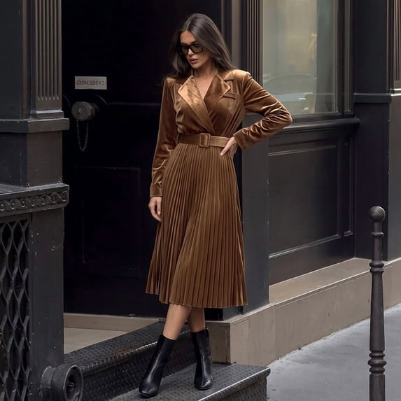 2026 New Women's Velvet Blazer Midi Dress, Lapel V-Neck, Long Sleeve ...