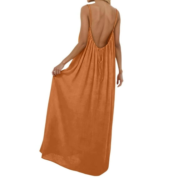 2026 New Womens Backless Cami Dress, Summer Casual Sleeveless Flowy Long Beach Sundress Spaghetti Strap House Lounge Dresses (Orange,L)