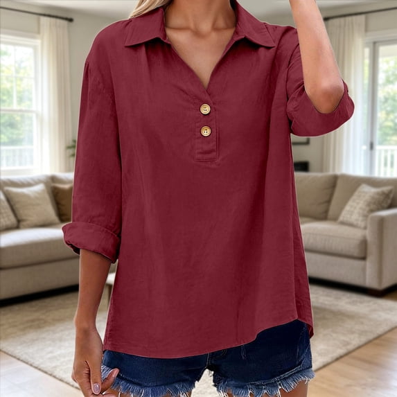 2026 New Womens Button Down Shirts Long Sleeve Linen Casual Collared Blouses Loose Fit Summer Clothing(RD2,S)
