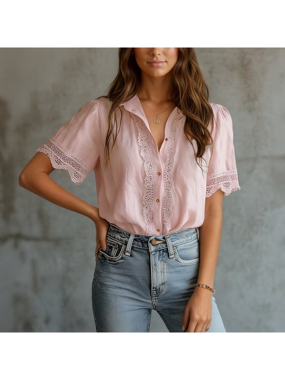 2026 New Womens Casual V Neck Short Sleeve Button Down Shirts Business Casual Work Boho Tops Blouses(Light Pink,L)