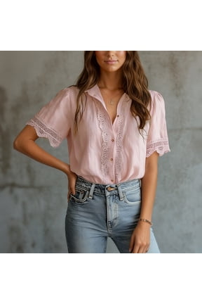 2026 New Womens Casual V Neck Short Sleeve Button Down Shirts Business Casual Work Boho Tops Blouses(Light Pink,S)