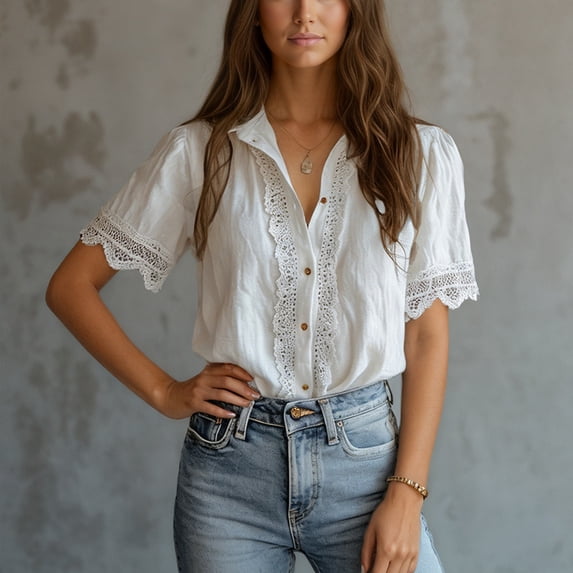2026 New Womens Casual V Neck Short Sleeve Button Down Shirts Business Casual Work Boho Tops Blouses(White,M)