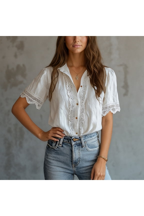 2026 New Womens Casual V Neck Short Sleeve Button Down Shirts Business Casual Work Boho Tops Blouses(White,M)